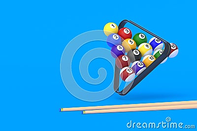 Flying billiard balls in plastic triangle near cues. Copy space Stock Photo