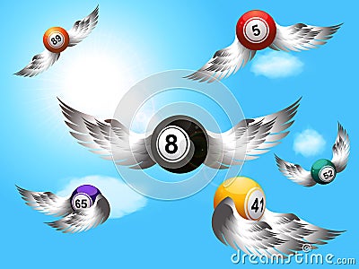 Flying bingo balls with wings background Stock Photo