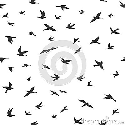 Flying bird seamless pattern. Drawing birds flock flying, abstract aerial black silhouettes in sky, print textile Vector Illustration