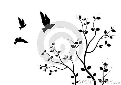 Flying Birds On Branch, Wall Decals, Art Design, Flying Birds on Tree Illustration. Isolated on white background Vector Illustration