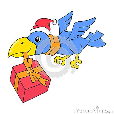 Flying birds bring Christmas gifts, doodle icon image kawaii Vector Illustration