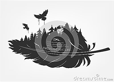 Flying birds and forest in feather Vector Illustration