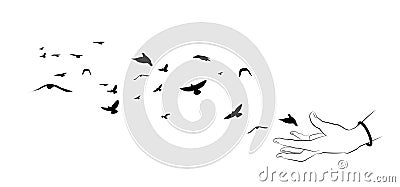 Flying birds and hand silhouettes on white background. Vector il Vector Illustration