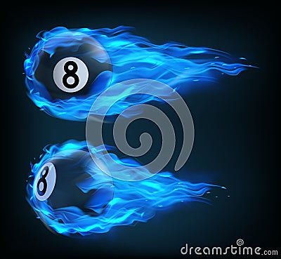 Flying black billiard eight ball in blue fire Vector Illustration