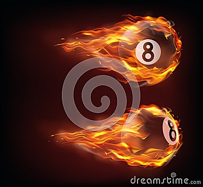 Flying black billiard eight ball in fire Vector Illustration