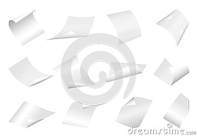 Flying blank paper sheets with curved corner on white background Vector Illustration