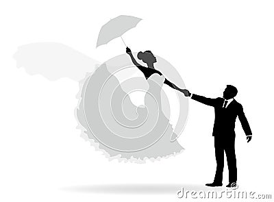 Silhouette of a groom holding his bride. She is flying with an umbrella. Vector Illustration