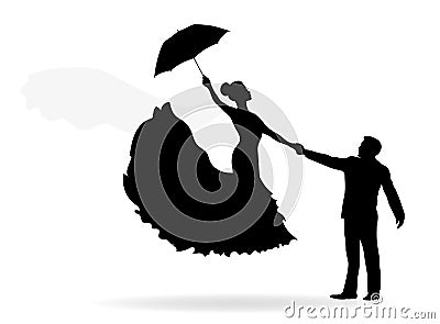 Silhouette of a groom holding his bride. She is flying with an umbrella. Vector Illustration