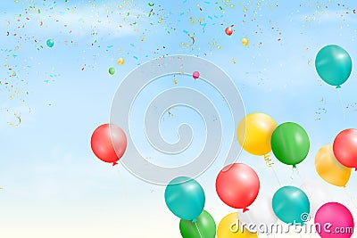 Flying bright Colorful Balloons with confetti, ribbon, serpentine in the blue sky party background. Festive birthday Vector Illustration