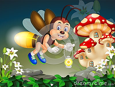 Flying Brown Firefly Holding Lantern On Top of Rocks and White Flower With Red Mushroom House Cartoon Stock Photo