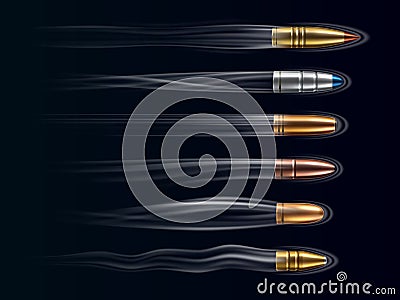 Flying bullet traces. Realistic pistol projectiles. Weapon shot. Visible path and fast motion effects. Cartridge trails Vector Illustration