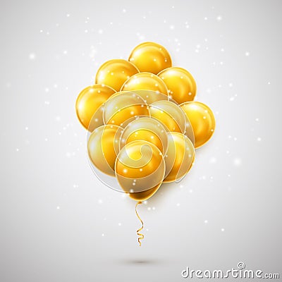 Flying bunch of golden balloon with shadow. Shine helium balloon for wedding, Birthday, parties. Festival decoration. Vector Vector Illustration