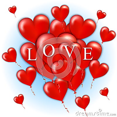 Flying bunch of red balloon hearts. Happy Valentines Day. Vector illustration Vector Illustration