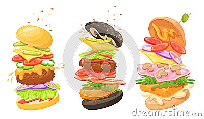 Flying burger ingredients. Burgers explosion layered ingredient, hamburger cheeseburger floating layers fried onion Cartoon Illustration