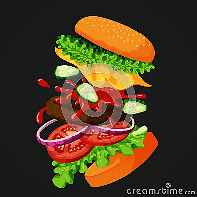 Flying burger separated showing all ingredients on a blackboard. Vector Illustration