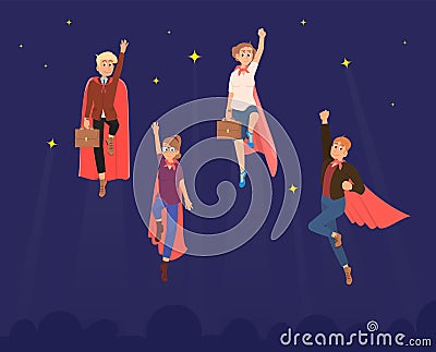 Flying business superhero. Superheroes working strength, adult businessmen and businesswomen in red capes. Leadership Vector Illustration