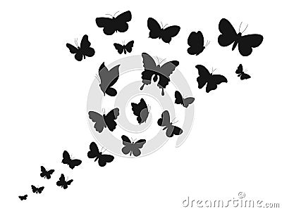 Flying butterflies black icons. Tattoo stencil silhouettes, spring butterfly graphics. Various insect fly up in sky Vector Illustration