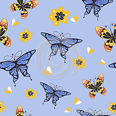 Flying butterflies and blooming flowers pattern Vector Illustration