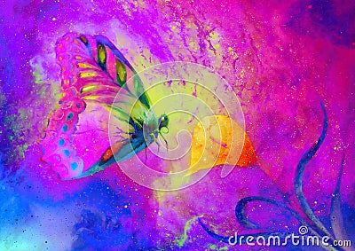 Flying butterfly with cala flower in cosmic space. Painting with graphic design. Stock Photo