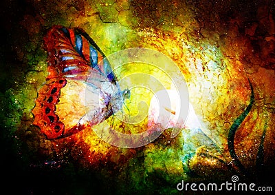 Flying butterfly with cala flower in cosmic space. Painting with graphic design. Stock Photo