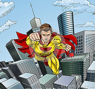 Caped Flying Super Hero City Scene Vector Illustration