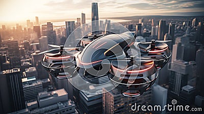 Flying car hybrid drone against the backdrop of a modern city in the future. Stock Photo