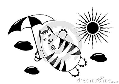 A flying cat with an umbrella in the sky against a background of clouds and sun. A funny humorous drawing. Vector graphics. Vector Illustration