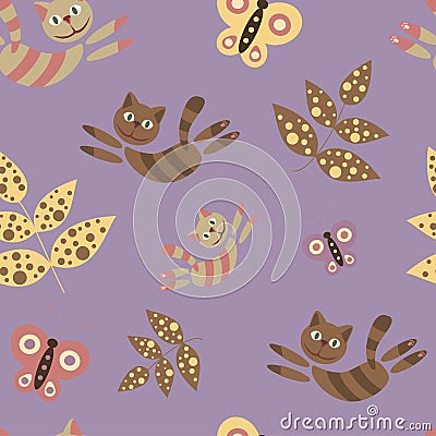 Flying cats. Seamless pattern in cartoon style. Colorful Stock Photo