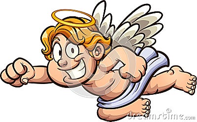 Flying cartoon blond cherub with big smile Vector Illustration