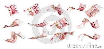 Flying of China Yuan banknote on white background. Yuan banknote is main and popular currency of exchange in the world.Investment Stock Photo