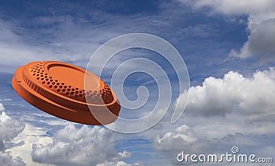 Flying clay pigeon target in the blue sky background , shotgun shooting game Stock Photo