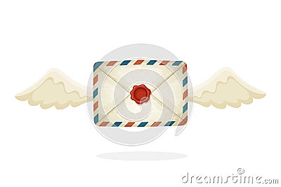 Flying closed vintage mail envelope with wax seal and wings Vector Illustration