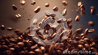 Flying coffee beans background. Close-up brown coffee beans banner. generative ai. Closeup coffee grains background Stock Photo