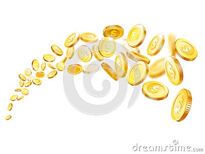 Flying coins. Gold coin fly at stream. Gambling winner golden money flow 3d vector illustration Vector Illustration