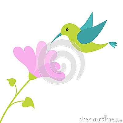 Flying colibri bird and heart flower. Cute cartoon character. Hummingbird. Isolated Vector Illustration