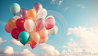 Flying colorful balloons bring joy and celebration generated by AI Stock Photo