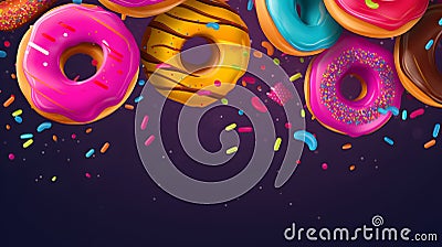 Flying colorful doughnuts with multicolored glaze. Creative food trend. Levitating food, banner. Donuts illustration with copy Cartoon Illustration