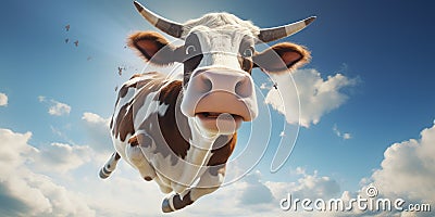A flying cow soars through the skies, blending whimsy with wonder in a playful dance with the clouds. Generative AI Stock Photo