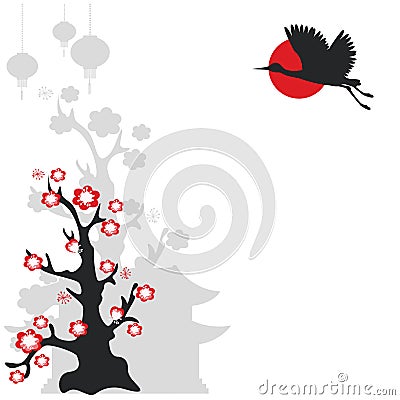 Flying crane bird and flowering tree Vector Illustration
