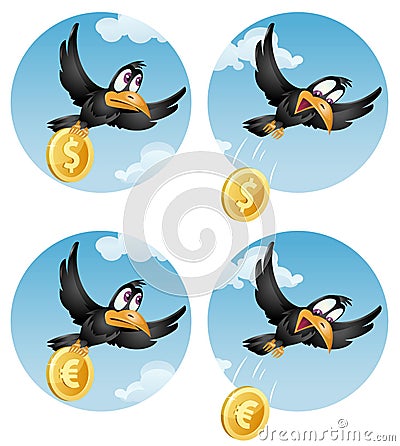 The flying crow drops the coin dollar or euro Vector Illustration