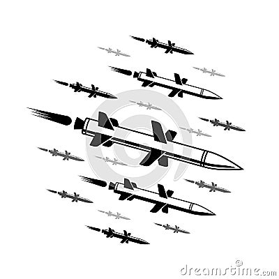 Flying cruise missiles. Massed missile strike vector black military illustration Vector Illustration