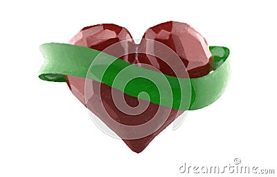 Flying 3d red chopped heart with green rubbon. Copyspace for text Stock Photo