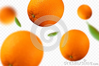 Flying defocusing oranges with green leaf. Falling juicy oranges isolated on transparent background Stock Photo