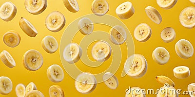 Flying delicious banana slices wallpaper Generative AI Stock Photo