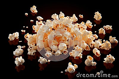 Flying delight Popcorn isolated on black background, close up snapshot Stock Photo