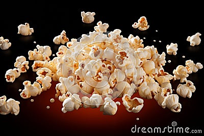 Flying delight Popcorn isolated on black background, close up snapshot Stock Photo