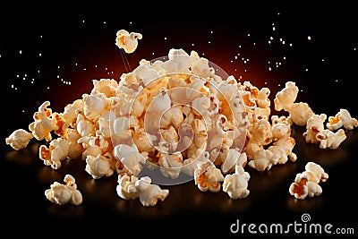 Flying delight Popcorn isolated on black background, close up snapshot Stock Photo