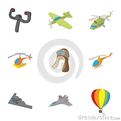 Flying device icons set, cartoon style Vector Illustration