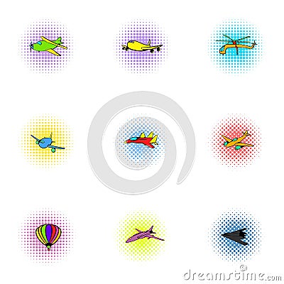 Flying device icons set, pop-art style Vector Illustration