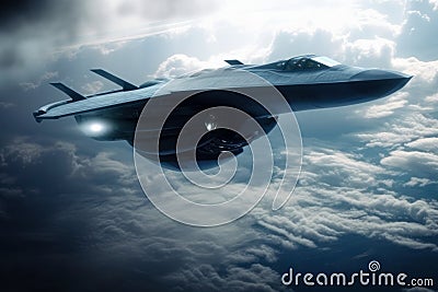 Closeup of Air Force fighter jet chasing an alien spacecraft in the sky Stock Photo